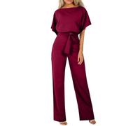 HOOUDO Ladies Jumpsuits Size 18-20 Summer Short Sleeve Playsuits Ladies Plain Casual Wide Leg Pant Belted Romper Formal Wedding Overalls Baggy One Piece Outfits Dungarees My Orders Wine