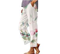HOOUDO Ladies Linen Trousers Petite Summer Loose Palazzo Lounge Pants with Pockets Elastic Waist Wide Leg Boho Trousers Ladies Casual Tracksuit Bottom Joggers