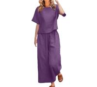 HOOUDO Ladies Travel Sets Clothing Travel Airport Lounge Wear Set Ladies Summer Linen Sets Short Sleeve Round-Neck Tops & Loose Wide Leg Pants Co Ord Set Prime+Day Sales