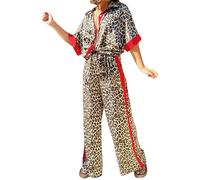 HOOUDO Leopard Print Lounge Wear Sets for Women UK Ladies Summer Loose Casual 2 Pieces Outfit Long Sleeve Button Shirts Wide Leg Trousers Co Ord Set Tracksuits