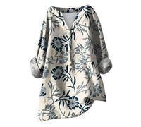HOOUDO Lighting Deals Summer Linen Tops for Women UK Long Sleeve V Neck Blouses Shirts Loose Casual Tunic Top Tee Ladies Button Down T-Shirt Pullover Plus Size