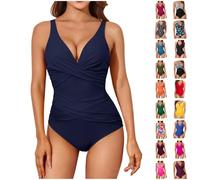 HOOUDO Lightning Deals of Today Prime by Hour One Piece Swimsuit for Women Tummy Control Push Up Swimming Costume V Neck Padded Swimwear Bathing Suits High Waisted Ruched Swimsuit Stuff for 1 Pound