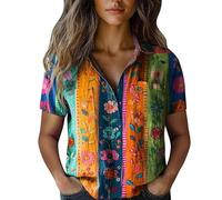 HOOUDO Linen Blouses for Women UK Boho Floral Summer Tops Short Sleeve Ladies Retro Tunic Top Ladies Loose Casual T Shirt Black of Friday Week