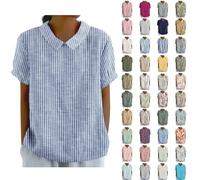 HOOUDO Linen Blouses for Women UK Ladies Summer Cotton Linen Tops Plus Size Back Button Closure T-Shirts Lapel Neck Floral Tunic Top Tee Short Sleeve Casual Loose Shirts Blouse Pullover