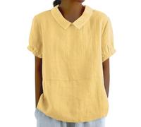 HOOUDO Linen Blouses for Women UK Ladies Summer Cotton Linen Tops Plus Size Back Button Closure T-Shirts Lapel Neck Floral Tunic Top Tee Short Sleeve Casual Loose Shirts Blouse Pullover