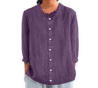 HOOUDO Linen Blouses for Women UK Women's Linen Summer Tops 3/4 Sleeve O Neck Cotton Linen T-Shirt Plain Casual Tunic Top Tee Elegant Trendy Pullover Shirts Blouse Today's Deals of The Day A Purple