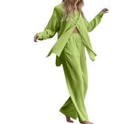 HOOUDO Linen Lounge Wear Sets for Women UK Ladies Cotton Linen 2 Pieces Outfit Loungewear Summer Long Sleeve Button Shirts Wide Leg Trousers Co Ord Set Tracksuits