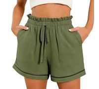 HOOUDO Linen Shorts for Women Summer Casual Shorts High Waisted Beach Hot Pants Loose Drawstring Shorts with Pockets Ladies Plus Size Bottoms Lounge Wear Customer Service Chat Online Now Army Green