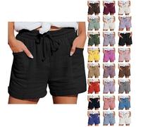 HOOUDO Linen Shorts Women Solid Drawstring Summer Shorts with Pockets Ladies Elastic Waist Tracksuit Bottoms Loose Casual Pants for Beach Walking Trousers Plus Size
