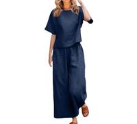 HOOUDO Linen Top And Trousers Sets Women Travel Airport Lounge Wear Set Ladies Summer Linen Sets Short Sleeve Round-Neck Tops & Loose Wide Leg Pants Co Ord Set Day Prime Sales