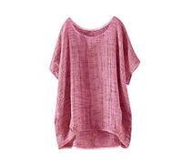 HOOUDO Linen Tops for Women UK Summer Loose Blouses Shirts Half Sleeve Scoop Neck T-Shirts Oversized Lightweight Tunic Top Ladies Casual Tee Shirt Plus Size Discounted Items in Warehouse Deals Red