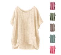 HOOUDO Linen Tops for Women UK Summer Loose Blouses Shirts Half Sleeve Scoop Neck T-Shirts Oversized Lightweight Tunic Top Ladies Casual Tee Shirt Plus Size Today 2024 Autumn