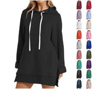 HOOUDO Longline Hoodies for Women UK Oversized Sweatshirt Dress | Plain Casual Long Hoodie Trendy Baggy Pullover Tunic Tops Split Hem Warm Sweatshirts Dress with Pockets Cute Jumpers