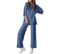 HOOUDO Lounge Wear Sets for Women UK Half Sleeve Swing Tunic Tops and Wide Leg Long Pants Co Ord Sets Ladies Soft Comfy Pajamas Set Summer 2 Piece Outfits Tracksuit with Pockets