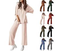 HOOUDO Lounge Wear Sets for Women UK Half Sleeve Swing Tunic Tops and Wide Leg Long Pants Co Ord Sets Ladies Soft Comfy Pajamas Set Summer 2 Piece Outfits Tracksuit with Pockets