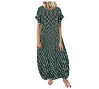 HOOUDO Midi Dress Polka Dot Print Long Dress with Pockets Loose Casual Tunic Shirts Plus Size Long Sleeve Maxi Green