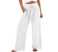 HOOUDO My Orders with Amaon Prime Wide Leg Linen Trousers for Women UK Summer Baggy Ladies Beach Trouser Elastic Waist Light Weight Pants Casual Full Length Comfy Pant Joggers White
