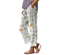 HOOUDO Next Day Delivery Flowers Women’s Wide Leg Trousers Summer Cotton Lounge Pants Baggy Printed Boho Trousers Durable Elegant Joggers Elastic Straight Leg Trousers Army Green