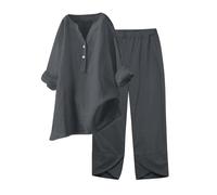 HOOUDO Online Shopping Womens Lounge Wear Sets Summer 2 Piece Outfit T-Shirt Solid Cotton Linen Tops and Pants Tracksuits Cotton Linen Pjs Sets Soft Activewear Stylish Track Suit