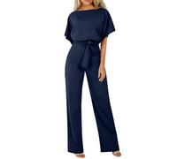 HOOUDO Petite Jumpsuits for Women Summer Short Sleeve Playsuits Ladies Plain Casual Wide Leg Pant Belted Romper Formal Wedding Overalls Baggy One Piece Outfits Dungarees My Orders UK 2025 Navy