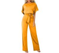 HOOUDO Petite Jumpsuits Summer Short Sleeve Playsuits Ladies Plain Casual Wide Leg Pant Belted Romper Formal Wedding Overalls Baggy One Piece Outfits Dungarees My Orders UK Yellow
