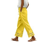 HOOUDO Petite Linen Trousers Womens Summer Wide Leg Cut Out Trousers with Pockets Casual Lightweight Ladize Loose Holiday Beach Pants Breathable Lounge Bottoms My Orders Yellow