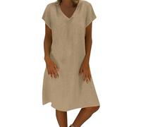 HOOUDO Plus Size Wedding Guest Dresses, Linen Summer Dresses for Women UK Casual V Neck Midi Dress Short Sleeve A-line Sundress Ladies Tunic Beach Sundresses,My Orders Brown
