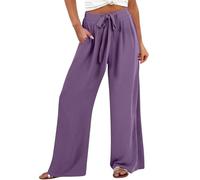 HOOUDO Prime Deals Today Clearance Wide Leg Linen Trousers for Women UK Summer Baggy Ladies Beach Trouser Elastic Waist Light Weight Pants Casual Full Length Comfy Pant Joggers Purple