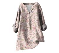 HOOUDO Promotions Summer Linen Tops for Women UK Long Sleeve V Neck Blouses Shirts Loose Casual Tunic Top Tee Ladies Button Down T-Shirt Pullover Plus Size B Pink