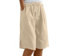 HOOUDO Running Shorts Womens, Knee Length Shorts Women Bermuda Linen Summer Long Ladies Short Loose Wide Leg Capri Pants Casual Baggy Cropped Drawstring Trousers,My Orders Beige