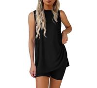 HOOUDO School Girl Outfit Women Sexy Ladies Co Ord Set Short Tracksuit Womens Full Set Side Split Tank Tops and Biker Shorts Sport Gym Aesthetic Sets Lounge Wear My Orders