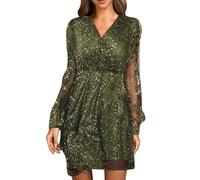HOOUDO Sequin Dresses for Women UK Glitter Elegant Sparkly Party Dress Mesh Long Sleeve V Neck Casual Dress Evening Wedding Guest Dress Sequined Sparkling Disco Club Dress Plus Size Green