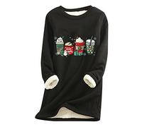 HOOUDO Sherpa Lined Pullover Tops for Women Winter Christmas Crew Neck Sweat Wool Warm Tee Shirts Teenage Girls Loose Classic Loungewear Fashion Basic Tunic Blouse Black