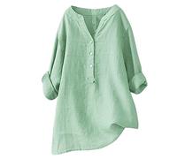 HOOUDO Spring Sale Clearance Home Summer Linen Tops for Women UK Long Sleeve V Neck Blouses Shirts Loose Casual Tunic Top Tee Ladies Button Down T-Shirt Pullover Plus Size A Green
