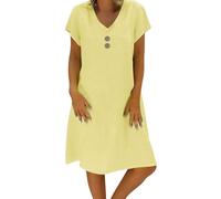 HOOUDO Strappy Dresses for Women UK Cotton Linen Casual V Neck Midi Dress Short Sleeve A-line Sundress Ladies Tunic Boho Beach with Pockets Maxi Summer Dresses for Women