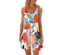 HOOUDO Summer Beach Dresses for Women UK Tropical Hawaii Floral Dress Stretch Strap Boho Swing Sundress Ladies Sleeveless Tank Beach Cover Ups Beachwear Plus Size B Red
