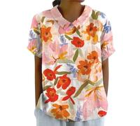HOOUDO Summer Blouses for Women UK Plus Size Cotton Linen Ladies Tops Back Button Closure T-Shirts Round Lapel Neck Floral Top Tee Short Sleeve Casual Loose Shirts Blouse Pullover
