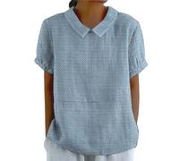 HOOUDO Summer Blouses for Women UK Plus Size Cotton Linen Ladies Tops Back Button Closure T-Shirts Round Lapel Neck Floral Top Tee Short Sleeve Casual Loose Shirts Blouse Pullover A-Blue