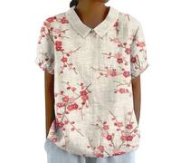 HOOUDO Summer Blouses for Women UK Plus Size Cotton Linen Ladies Tops Back Button Closure T-Shirts Round Lapel Neck Floral Top Tee Short Sleeve Casual Loose Shirts Blouse Pullover B-White