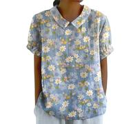 HOOUDO Summer Blouses for Women UK Plus Size Cotton Linen Ladies Tops Back Button Closure T-Shirts Round Lapel Neck Floral Top Tee Short Sleeve Casual Loose Shirts Blouse Pullover