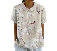 HOOUDO Summer Blouses for Women UK Plus Size Cotton Linen Ladies Tops Back Button Closure T-Shirts Round Lapel Neck Floral Top Tee Short Sleeve Casual Loose Shirts Blouse Pullover