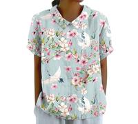 HOOUDO Summer Blouses for Women UK Plus Size Cotton Linen Ladies Tops Back Button Closure T-Shirts Round Lapel Neck Floral Top Tee Short Sleeve Casual Loose Shirts Blouse Pullover