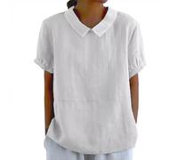 HOOUDO Summer Blouses for Women UK Plus Size Cotton Linen Ladies Tops Back Button Closure T-Shirts Round Lapel Neck Floral Top Tee Short Sleeve Casual Loose Shirts Blouse Pullover