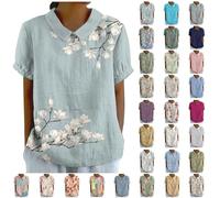 HOOUDO Summer Blouses for Women UK Plus Size Cotton Linen Ladies Tops Back Button Closure T-Shirts Round Lapel Neck Floral Top Tee Short Sleeve Casual Loose Shirts Blouse Pullover