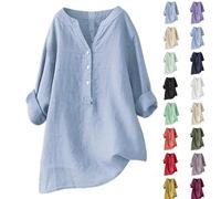 HOOUDO Summer Deals of The Day UK Summer Linen Tops for Women UK Long Sleeve V Neck Blouses Shirts Loose Casual Tunic Top Tee Ladies Button Down T-Shirt Pullover Plus Size