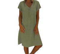 HOOUDO Summer Dresses for Teenage Girls, Linen Summer Dresses for Women UK Casual V Neck Midi Dress Short Sleeve A-line Sundress Ladies Tunic Beach Sundresses,Buy Again My Orders Army Green