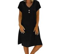 HOOUDO Summer Dresses for Women UK Cotton Linen Casual V Neck Midi Dress Short Sleeve A-line Sundress Ladies Tunic Boho Beach with Pockets Strapless Dresses for Women UK