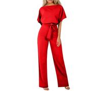 HOOUDO Summer Jumpsuit for Women UK Summer Short Sleeve Playsuits Ladies Plain Casual Wide Leg Pant Belted Romper Formal Wedding Overalls Baggy One Piece Outfits Dungarees My Orders UK Red