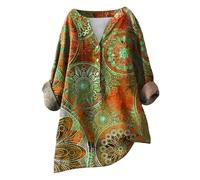 HOOUDO Summer Linen Tops for Women UK Long Sleeve V Neck Blouses Shirts Loose Casual Tunic Top Tee Ladies Button Down T-Shirt Pullover Plus Size