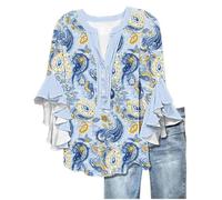 HOOUDO Summer Tops 3/4 Sleeve Summer Tops Dressy Shirts Cotton Linen Lace Up Oversized Blouses Ladies Casual Lightweight Tunic Top Plus Size Oversized My Orders UK 2024 A Sky Blue